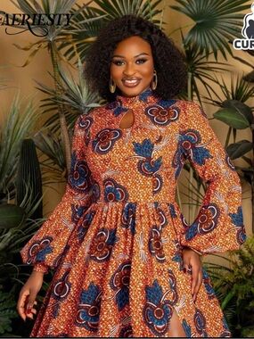 #596 Gorgeous High-Neck Orange Floral Maxi Dress with Side Slit